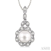 6.5 MM Cultured Pearl and 1/10 ctw Single Cut Diamond Pendant in 10K White Gold with Chain