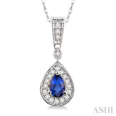 6x4 MM Pear Shape Sapphire and 1/6 ctw Round Cut Diamond Pendant in 14K White Gold with Chain