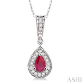 6x4 MM Pear Shape Ruby and 1/6 ctw Round Cut Diamond Pendant in 14K White Gold with Chain