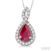 6x4 MM Pear Shape Ruby and 1/10 ctw Round Cut Diamond Pendant in 14K White Gold with Chain