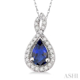 6x4 MM Pear Shape Sapphire and 1/10 ctw Round Cut Diamond Pendant in 14K White Gold with Chain