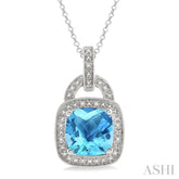 10x10 MM Cushion Shape Blue Topaz and 1/20 ctw Single Cut Diamond Pendant in Sterling Silver with Chain