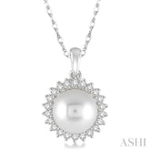 8x8 MM Round Shape Cultured Pearl and 1/5 ctw Round Cut Diamond Pendant in 14K White Gold with Chain