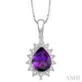 9x6 MM Pear Shape Amethyst and 1/10 ctw Round Cut Diamond Semi Precious Pendant in 10K White Gold