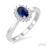 6X4 MM Oval Cut Sapphire Center and 1/8 ctw Round Cut Diamond Halo Precious Stone Ring in 10K White Gold