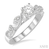 1/10 ctw Round Semi-Mount Leaf Motif Engagement Ring in 14K White Gold