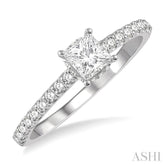 5/8 ctw Princess Center Stone Ladies Engagement Ring with 3/8 Ct Princess Cut Center Stone in 14K White Gold