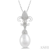 9x7 MM Drop Shape Cultured Pearl and 1/10 ctw Round Cut Diamond Fleur De Lis Pendant in 10K White Gold