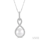 7x7 MM Round Shape Cultured Pearl and 1/6 ctw Twisted Loop Round Cut Diamond Pendant With Chain in 10K White Gold