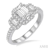1 ctw Baguette and Round Cut Diamond Ladies Engagement Ring with 1/2 ct Emerald Cut Center Stone in 14K White Gold