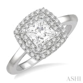 3/4 ctw Princess & Halo Round Cut Diamond Ladies Engagement Ring With 1/2 ct Princess Cut Center Stone in 14K White Gold