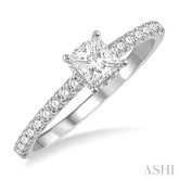 1/2 ctw Round Cut Diamond Engagement Ring With 1/4 ct Princess Cut Center Stone in 14K White Gold
