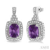 8x6 MM Cushion Shape Amethyst and 1/10 ctw Single Cut Diamond Earrings in Sterling Silver