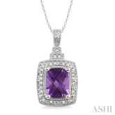 9x7 MM Cushion Shape Amethyst and 1/10 ctw Single Cut Diamond Pendant in Sterling Silver with Chain