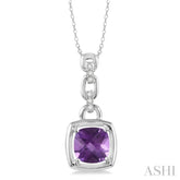 8x8 MM Cushion Checker Amethyst and 1/20 ctw Single Cut Diamond Pendant in Sterling Silver with Chain