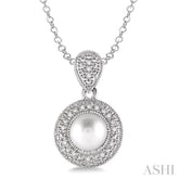 6.5x6.5 MM Cultured Pearl and 1/20 ctw Single Cut Diamond Pendant in Sterling Silver with Chain