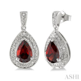 9x6 MM Pear Shape Garnet and 1/20 ctw Single Cut Diamond Earrings in Sterling Silver