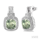8x8 MM Cushion Shape Green Amethyst and 1/20 ctw Single Cut Diamond Earrings in Sterling Silver