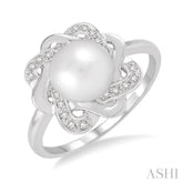 6.5 MM Round Shape Cultured Pearl and 1/10 ctw Round Cut Diamond Ring in Sterling Silver
