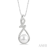 7 MM Round Shape Cultured Pearl and 1/10 ctw Swirl Top Round Cut Diamond Fashion Pendant With Chain in 10K White Gold