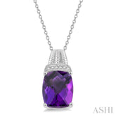 10x8 MM Cushion Shape Amethyst and 1/50 ctw Looped Round Cut Diamond Semi Precious Pendant With Chain in Sterling Silver