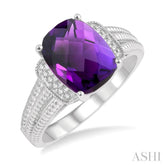10x8 MM Cushion Shape Amethyst and 1/20 ctw Round Cut Diamond Semi Precious Ring in Sterling Silver