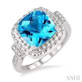 10x10 MM Cushion Shape Blue Topaz and 1/50 ctw Round Cut Diamond Semi Precious Ring in Sterling Silver