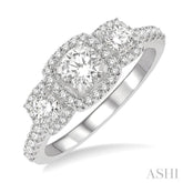 1 ctw Cushion Shape Past, Present & Future Diamond Engagement Ring With 3/8 ct Round Cut Center Stone in 14K White Gold