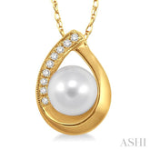 6.5 MM Round Shape Cultured Pearl and 1/20 ctw Round Cut Diamond Pendant in 10K Yellow Gold with Chain