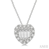 1/5 ctw Heart Shape Baguette Center & Round Cut Diamond Pendant With Chain in 14K White Gold