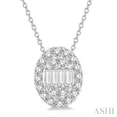 1/4 ctw Oval Mount Baguette and Round Cut Diamond Pendant With Chain in 14K White Gold