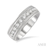 1 ctw Parallel Milgrain & Niched Center Round Cut Diamond Men's Wedding Band in 14K White Gold