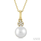 6 MM Round Shape Cultured Pearl and 1/50 ctw Round Cut Diamond Petite Fashion Pendant With Chain in 10K Yellow Gold
