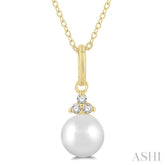 6 MM Round Shape Cultured Pearl and 1/50 ctw Round Cut Diamond Petite Fashion Pendant With Chain in 10K Yellow Gold