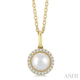 6 MM Round Shape Cultured Pearl and 1/20 ctw Petite Round Cut Diamond Halo Fashion Pendant With Chain in 10K Yellow Gold