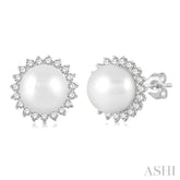 5.5 MM Round Shape Cultured Pearls and 1/6 ctw Petite Sunflower Round Cut Diamond Fashion Stud Earring in 10K White Gold