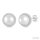 5.5 MM Round Shape Cultured Pearls and 1/8 ctw Petite Round Cut Diamond Halo Fashion Stud Earring in 10K White Gold