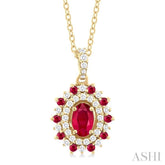 6X4 MM Oval Cut & 1.55 MM Round Cut Ruby and 1/4 ctw Round Cut Diamond Floral Precious Pendant With Chain in 14K Yellow Gold