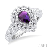 7X5 MM Pear Cut Amethyst and 1/20 ctw Round Cut Diamond Semi Precious Ring in Sterling Silver