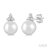 5.5 MM Round Cut Cultured Pearl and 1/20 ctw Petite Round Cut Diamond Fashion Stud Earring in 10K White Gold