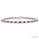 2.5 MM Ruby and 1 1/2 ctw Round Cut Diamond Square Box Link Precious Tennis Bracelet in 14K White Gold