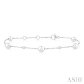 5 MM Round Shape Cultured Pearl and 1/6 ctw Round Cut Diamond Fashion Station Bracelet in 14K White Gold