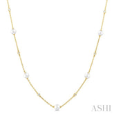 3 MM Round Shape Cultured Pearl and 1/8 ctw Round Cut Diamond Station Necklace in 14K Yellow Gold