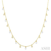 3 MM Round Shape Cultured Pearl and 1/6 ctw Round Cut Diamond Station Necklace in 14K Yellow Gold