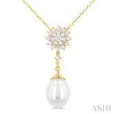 9X7 MM Drop Shape Cultured Pearl and 1/5 ctw Sunflower Round Cut Diamond Fashion Pendant With Chain in 14K Yellow Gold