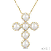 4 MM Cross Cultured Pearl and 1/3 ctw Round Cut Diamond Fashion Pendant With Chain in 14K Yellow Gold