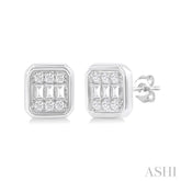 1/5 ctw Petite Bezel Set Emerald Shape Fusion Baguette and Round Cut Diamond Fashion Stud Earring in 10K White Gold