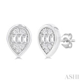 1/5 ctw Petite Bezel Set Pear Shape Fusion Baguette and Round Cut Diamond Fashion Stud Earring in 10K White Gold