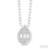 1/6 ctw Petite Bezel Set Pear Shape Fusion Baguette and Round Cut Diamond Fashion Pendant With Chain in 10K White Gold