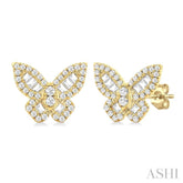 1/2 ctw Butterfly Petite Baguette and Round Cut Diamond Fashion Stud Earring in 14K Yellow Gold